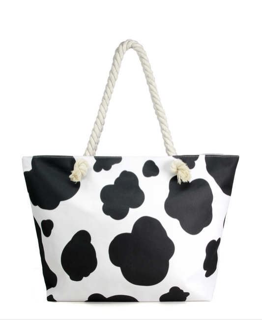 Black Cattle Cow Print Beach Tote Bag