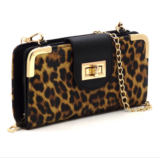 Leopard Print Turn Lock Crossbody Wallet