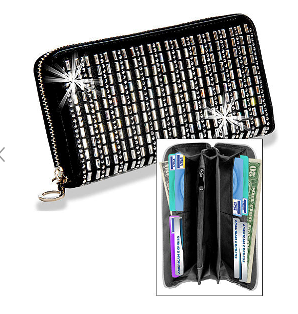 Black Zip Around  White Crystal Bling Long Wallet