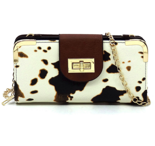 Cow Print Turn Lock Crossbody Wallet