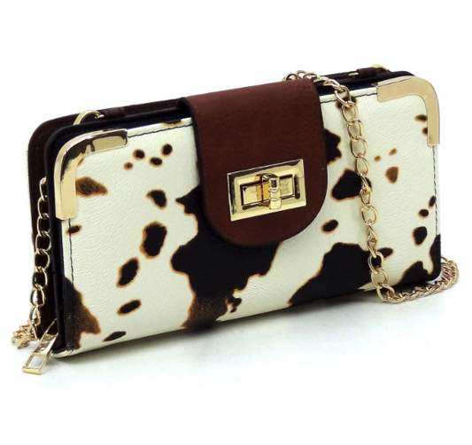 Cow Print Turn Lock Crossbody Wallet