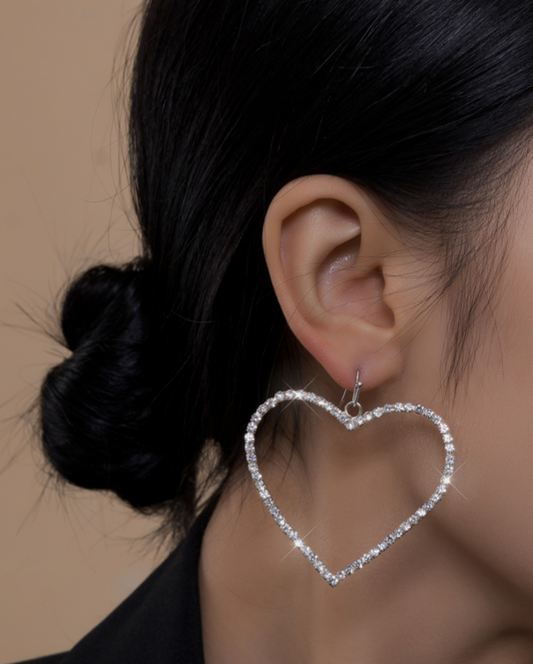 Women Valentine Day Large Bling Heart Shape Earrings White Rhinestones