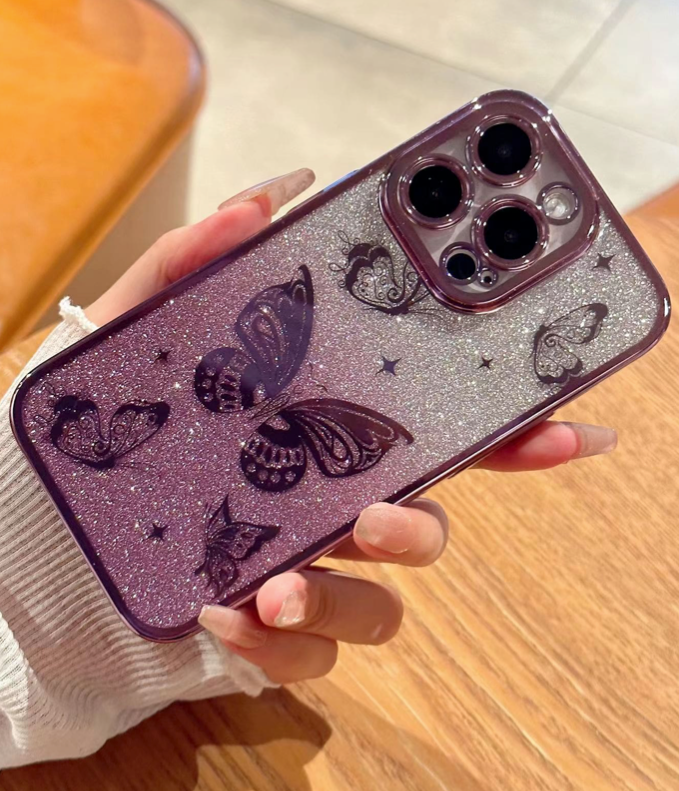 Butterfly Design Sparkling iPhone 15 Pro Purple Soft Case