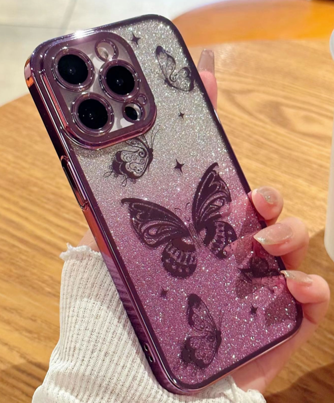 Butterfly Design Sparkling iPhone 15 Pro Purple Soft Case
