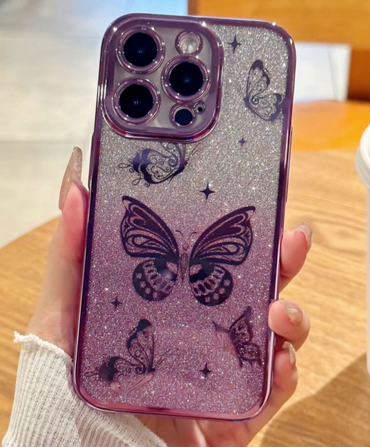 Butterfly Design Sparkling iPhone 15 Pro Purple Soft Case