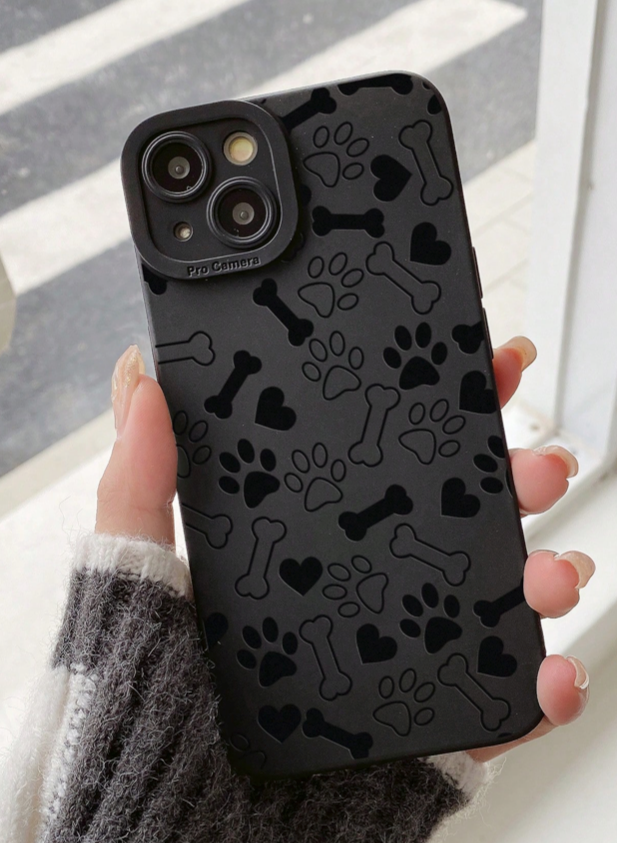 iPhone 15 Pro Max Bone Dog Paw Heart Pattern Black Soft Case