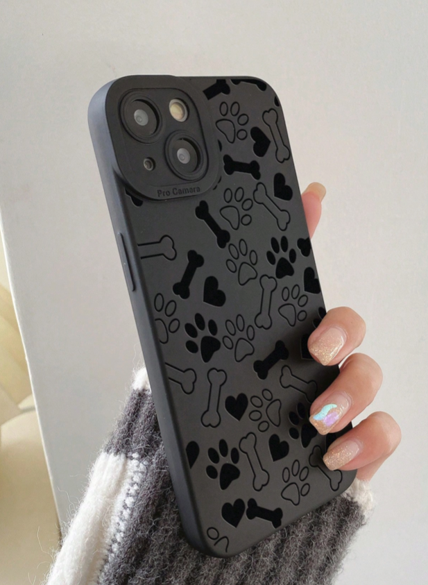 iPhone 15 Pro Max Bone Dog Paw Heart Pattern Black Soft Case