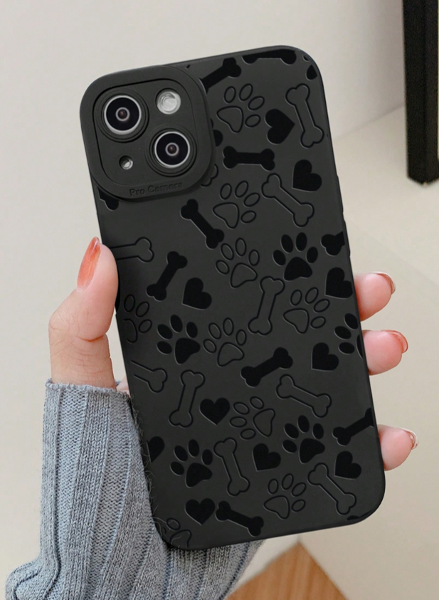 iPhone 15 Pro Max Bone Dog Paw Heart Pattern Black Soft Case