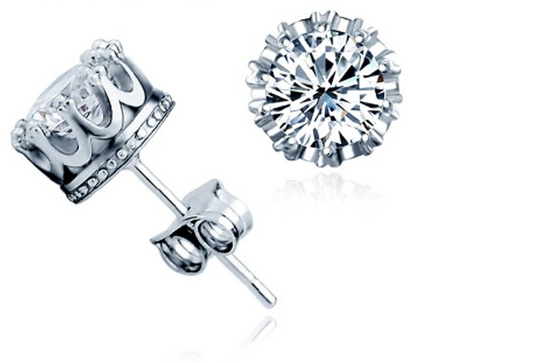 Crown Club Cubic Zirconia Post Back Stud Sterling Silver Earrings