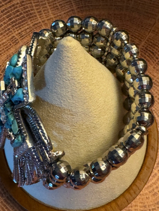 Angel Wings Cross Blue Turquoise Crackle Stone Stretchy  Bracelet
