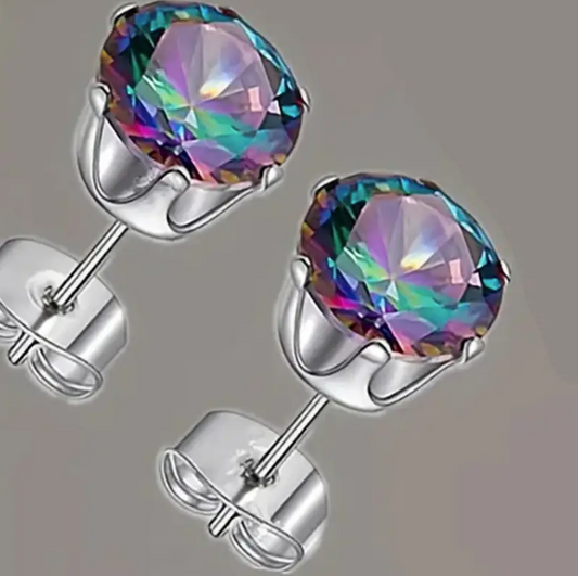 Round Mystic Topaz Cubic Zirconia Rainbow Oil Spill Stainless Steel Post Back  Earrings  8mm