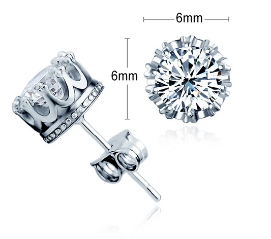 Crown Club Cubic Zirconia Post Back Stud Sterling Silver Earrings