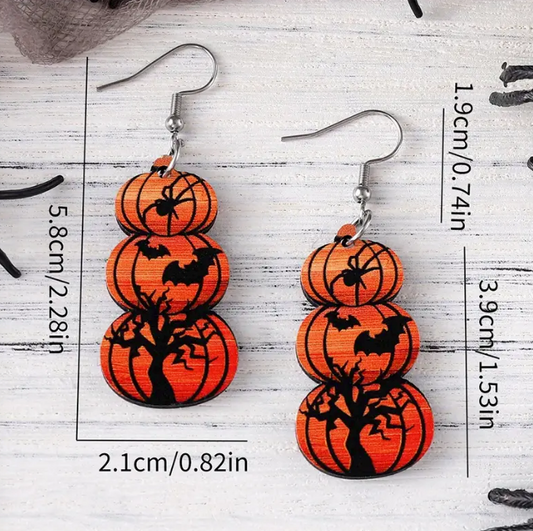 Halloween Pumpkin Spider Tree  Wood   Earrings