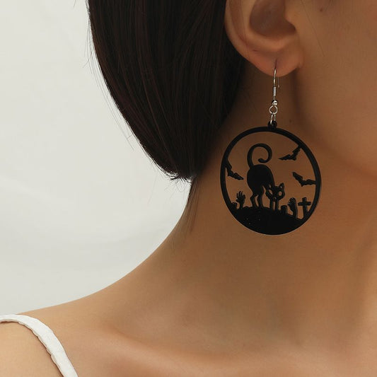 Halloween Black Cat  Bat Hoop   Earrings