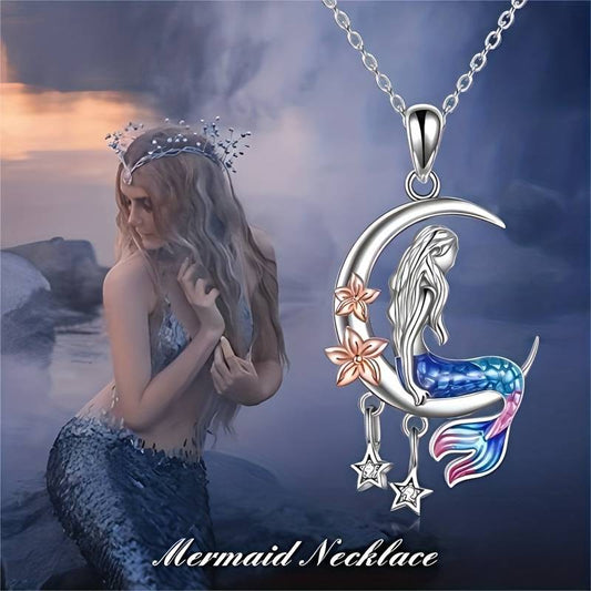 Ocean Song Mermaid Sitting on Crescent Moon above Stars Necklace    + Blessing Card