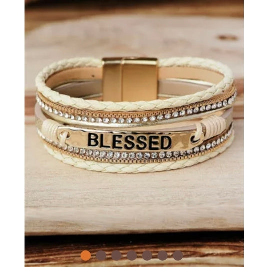 BLESSED Leather Layered Rhinestone BEIGE Magnetic Bracelet