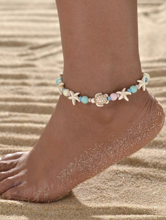 Colorful Turquoise Starfish Turtle Multicolor Women Teen Anklet