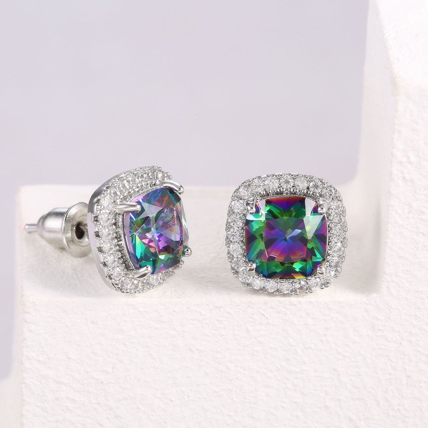 Square  Mystic Topaz  and  Cubic Zirconia   AAA  Post Back   Earrings