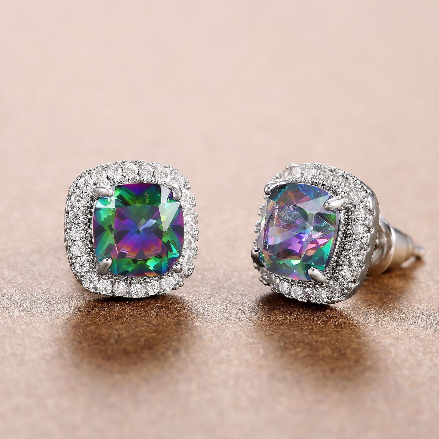 Square  Mystic Topaz  and  Cubic Zirconia   AAA  Post Back   Earrings