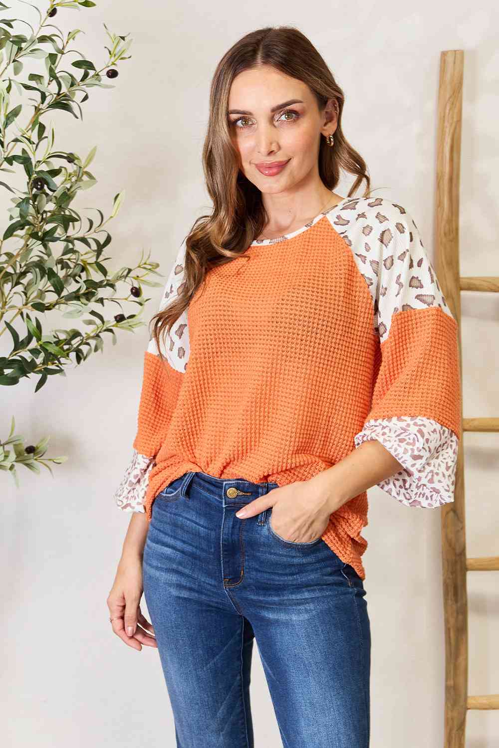 Double Take Leopard Waffle Knit Long Sleeve  Blouse