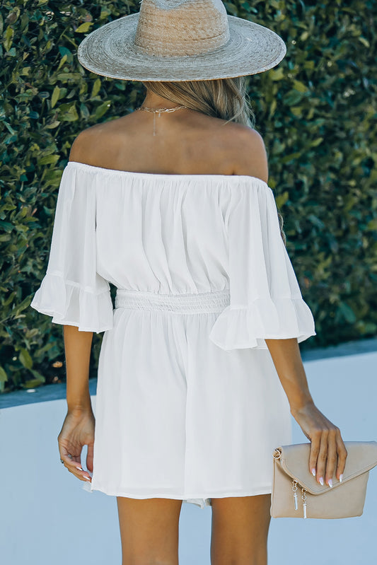 Off-Shoulder Smocked Waist Flounce Sleeve  Romper