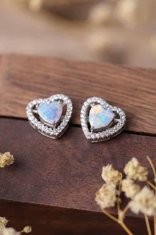 925 Sterling Silver  Opal  Heart  Stud  Post Back  Earrings