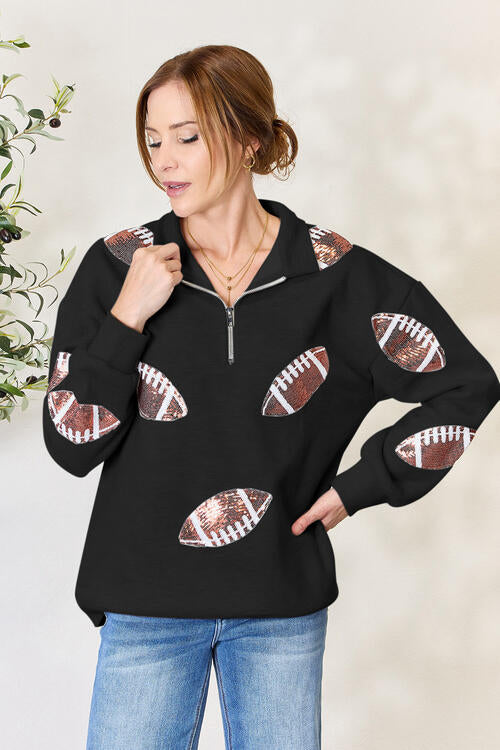 Double Take Full Size Sequin Football Half Zip Long Sleeve Sweatshirt