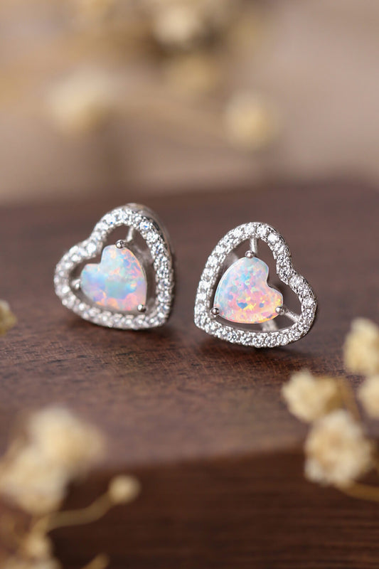 925 Sterling Silver  Opal  Heart  Stud  Post Back  Earrings