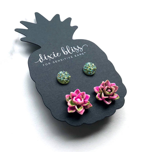 Blakely  ~ Multicolor Flower and  Iridescent Glitter  Stainless Steel  Earrings