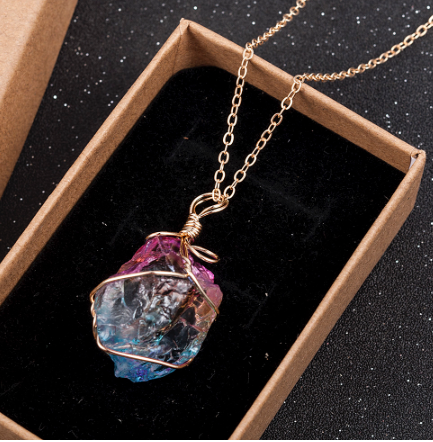 Multicolor Rainbow Stone Natural Crystal Chakra Rock  Necklace