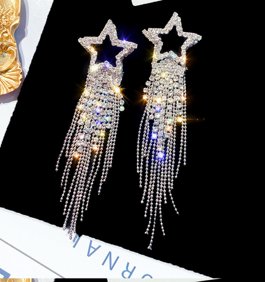 Long Tassel Star Crystal Earring Post back