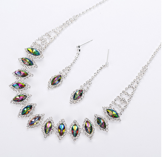 Oil Spill Colorful Austrian Crystal Chain Necklace & Earrings Set