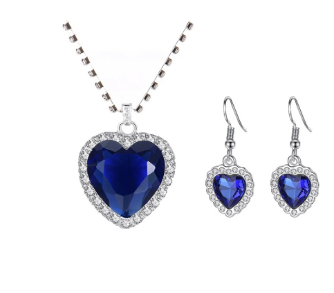 Titanic Heart of Ocean Blue Heart Pendant Necklace & Earring Set with Bag