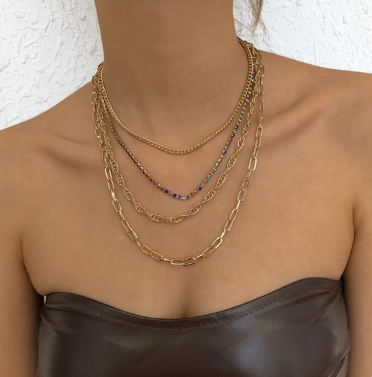 4- LAYER NECKLACE WITH MULTICOLOR ZIRC CRYSTAL LINK (PICK GOLD OR SILVER)