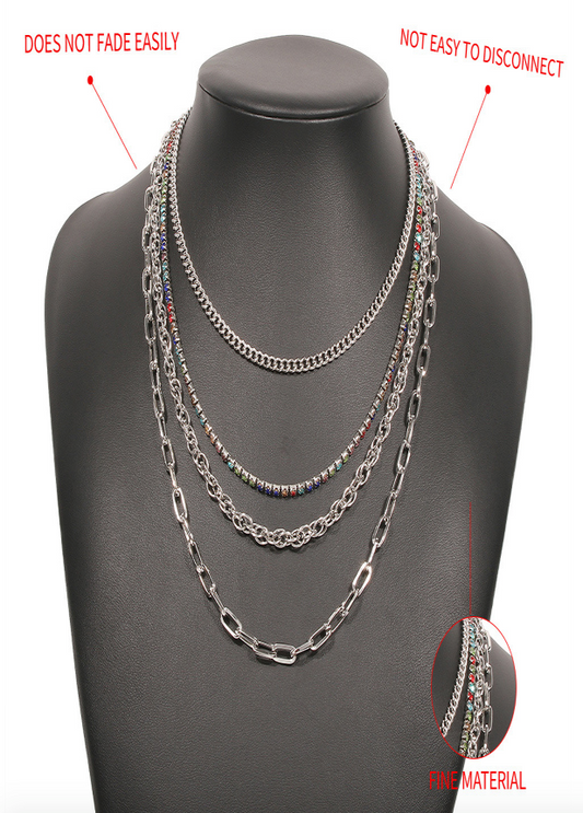 4- LAYER NECKLACE WITH MULTICOLOR ZIRC CRYSTAL LINK (PICK GOLD OR SILVER)