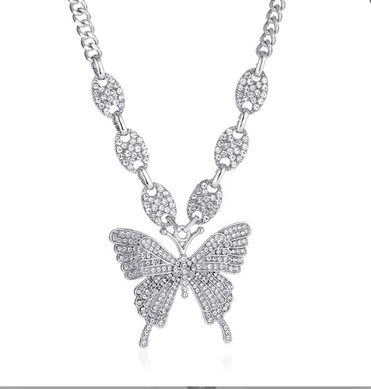 Retro Social Butterfly Bling Crystal Necklace (Silver)