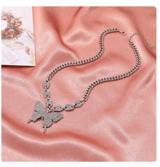 Retro Social Butterfly Bling Crystal Necklace (Silver)