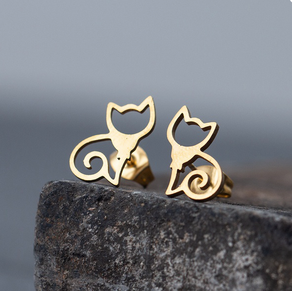 Cat Kitten Stainless Steel Gold Earrings