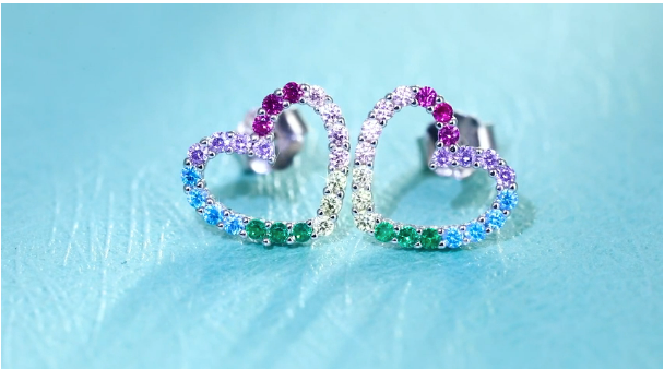925 Sterling Silver Cubic Zirconia Rainbow Heart Stud  Earrings    ( Ladies, Teens and Girls)     ((  PREORDER  ))