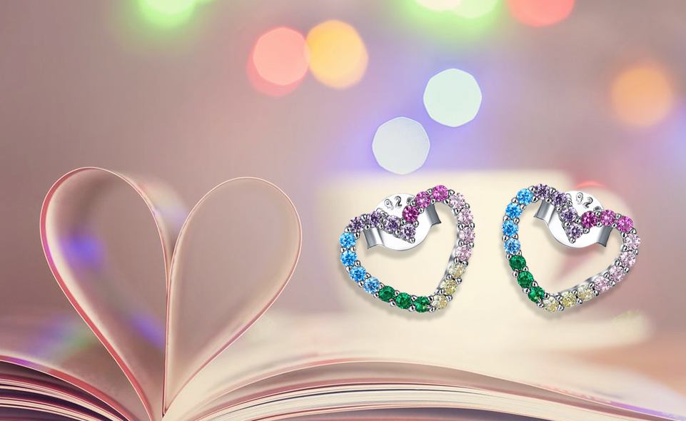 925 Sterling Silver Cubic Zirconia Rainbow Heart Stud  Earrings    ( Ladies, Teens and Girls)     ((  PREORDER  ))
