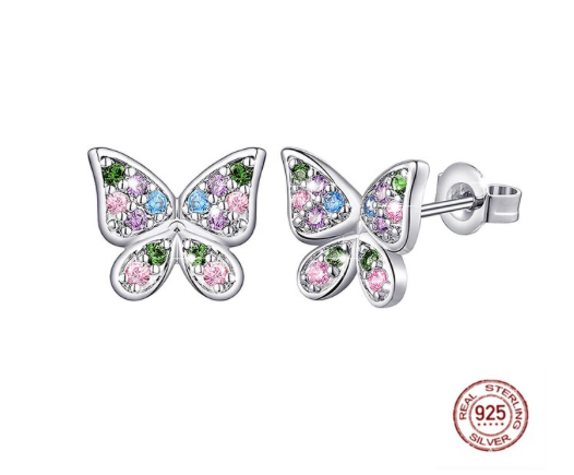 925 Sterling Silver Cubic Zirconia Rainbow Butterfly Stud  Earrings   ( Ladies, Teens and Girls)     ((  PREORDER  ))
