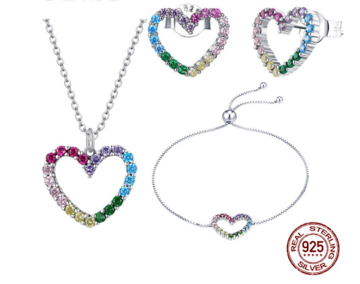 Sterling Silver Cubic Zirconia Rainbow Heart Necklace  Earrings  Bracelet  Set    ( Ladies Teens )     ((  PREORDER  ))