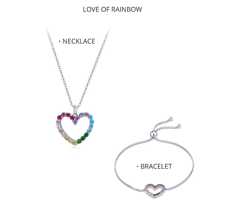 Sterling Silver Cubic Zirconia Rainbow Heart Necklace  Earrings  Bracelet  Set    ( Ladies Teens )     ((  PREORDER  ))