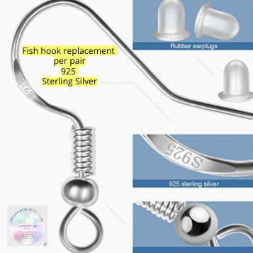 925 Sterling Silver Fish hook replacement service     (  One Pair   )  Choose Color Style