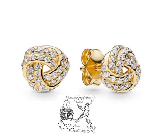 Gold 925 Sterling Silver Love Knot Cubic Zirconia CZ Stud  Earrings