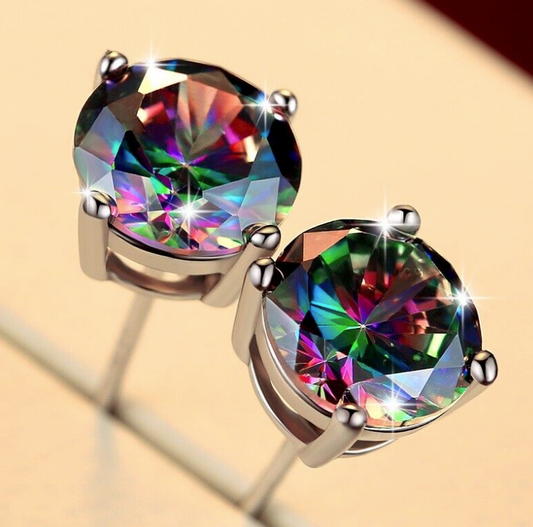 925 Sterling Silver Round Cut Mystic Topaz 6mm  Earrings     🔥 🦄  FAN FAV 🦄 🔥