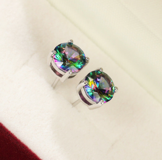 925 Sterling Silver Round Cut Mystic Topaz 6mm  Earrings     🔥 🦄  FAN FAV 🦄 🔥