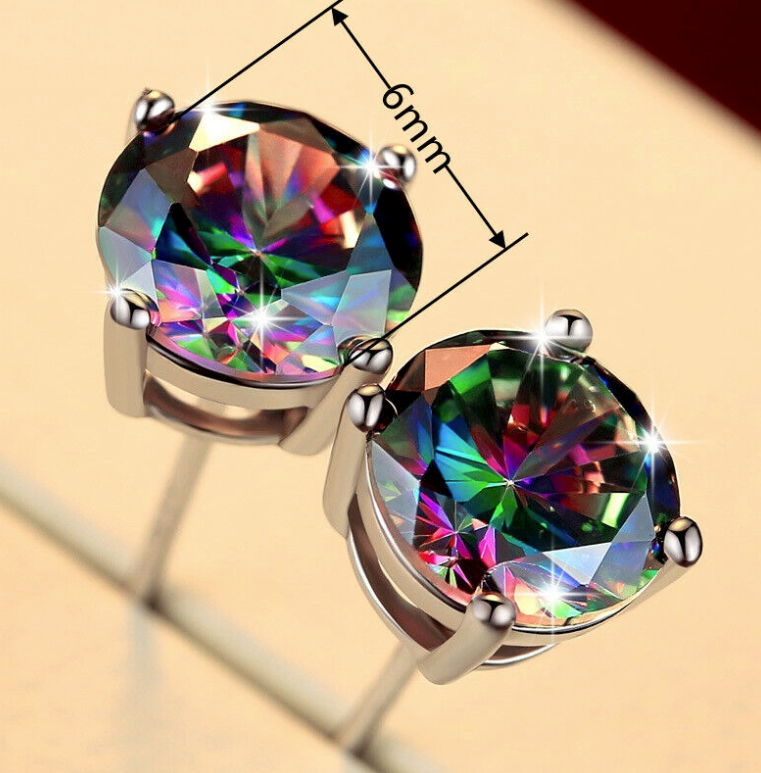 925 Sterling Silver Round Cut Mystic Topaz 6mm  Earrings     🔥 🦄  FAN FAV 🦄 🔥