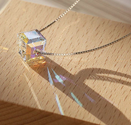 Rainbow Iridescent Sugar Cube Square  Swarovski  Crystal Necklace in 925 Sterling Silver