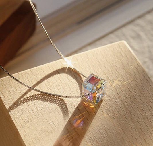 Rainbow Iridescent Sugar Cube Square  Swarovski  Crystal Necklace in 925 Sterling Silver